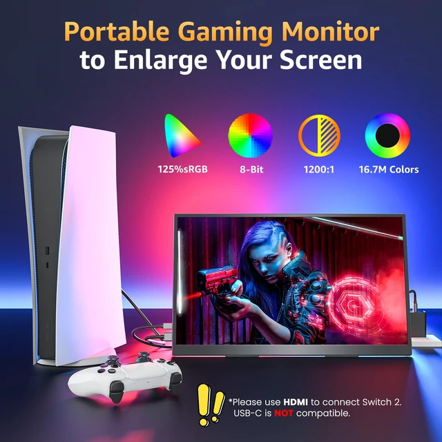 Alt view image 7 of 7 - Portable Monitor 18.5 inch FHD 125% sRGB 100Hz IPS HDR HDMI USB-C Travel Monitor for Laptop MacBook PC Surface PS5 Xbox, Large External Display with Kickstand & Speakers, VESA Compatible