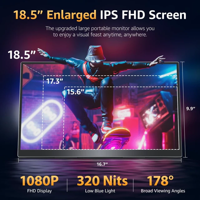 Alt view image 3 of 7 - Portable Monitor 18.5 inch FHD 125% sRGB 100Hz IPS HDR HDMI USB-C Travel Monitor for Laptop MacBook PC Surface PS5 Xbox, Large External Display with Kickstand & Speakers, VESA Compatible