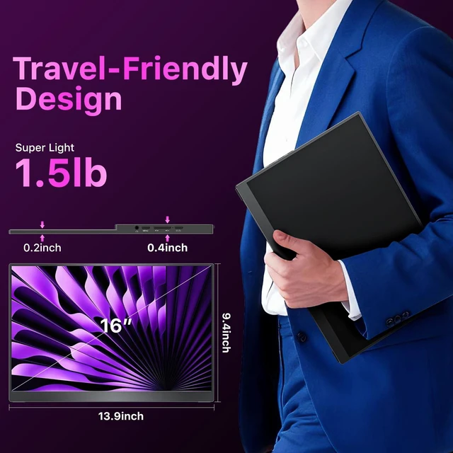 Alt view image 7 of 7 - Portable Monitor for Laptop MacBook Surface PC Xbox PS5, Travel Monitor Second Screen for Laptop, HDMI USB-C VESA Compatible Built-in Speaker, 16