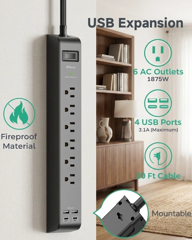 Alt view image 2 of 6 - 2 Pack Power Strips Surge Protector, 20FT Flat Extension Cord, Flat Plug 6 Outlets 4 USB Charging Ports, Overload Protection, Wall Mount for Home Dorm Office