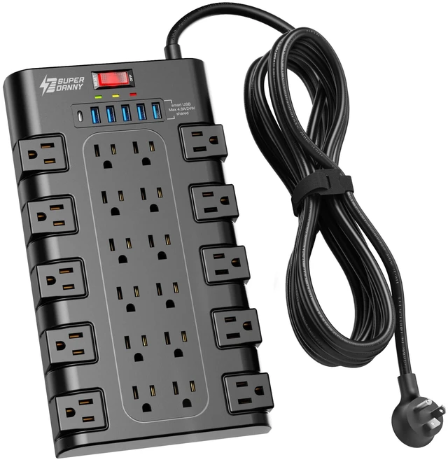 Main image of Power Strip Surge Protector, 22 AC 6 USB, 2100J, 15Ft, 1875W/15A 5A1C, Heavy Duty Extension Cord with Multiple Outlets, Flat Plug Outlet Extender for Home, Office, Dorm, Gaming Room, Black