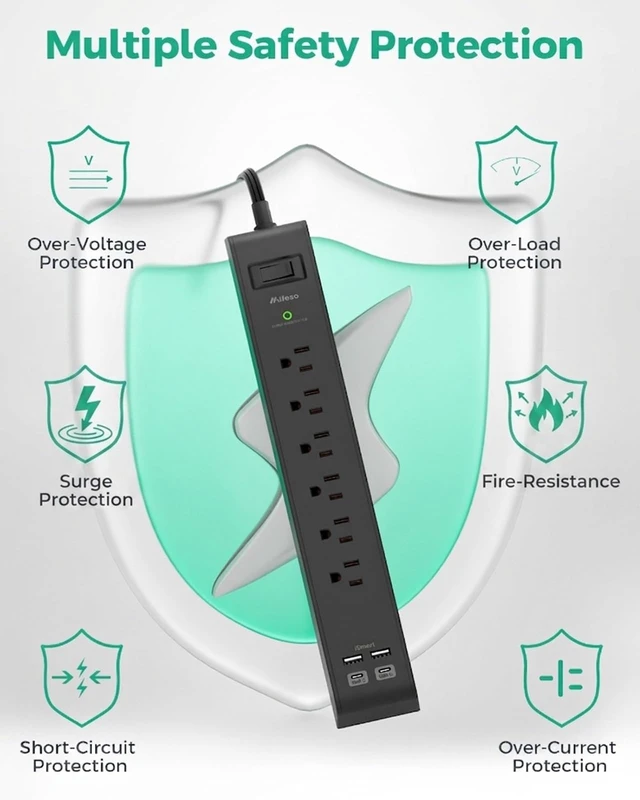 Alt view image 5 of 6 - 2 Pack Power Strips Surge Protector, 20FT Flat Extension Cord, Flat Plug 6 Outlets 4 USB Charging Ports, Overload Protection, Wall Mount for Home Dorm Office