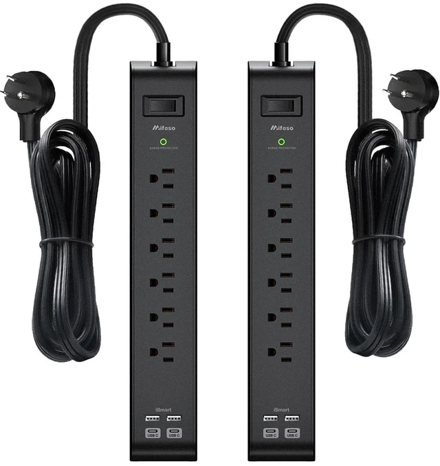 Main image of 2 Pack Power Strips Surge Protector, 20FT Flat Extension Cord, Flat Plug 6 Outlets 4 USB Charging Ports, Overload Protection, Wall Mount for Home Dorm Office