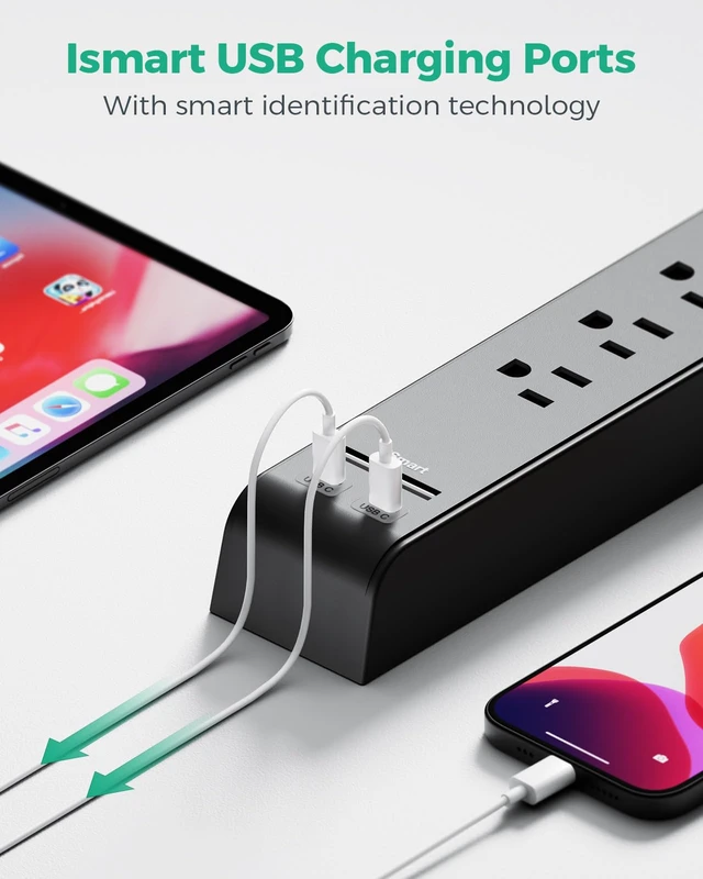 Alt view image 4 of 6 - 2 Pack Power Strips Surge Protector, 20FT Flat Extension Cord, Flat Plug 6 Outlets 4 USB Charging Ports, Overload Protection, Wall Mount for Home Dorm Office