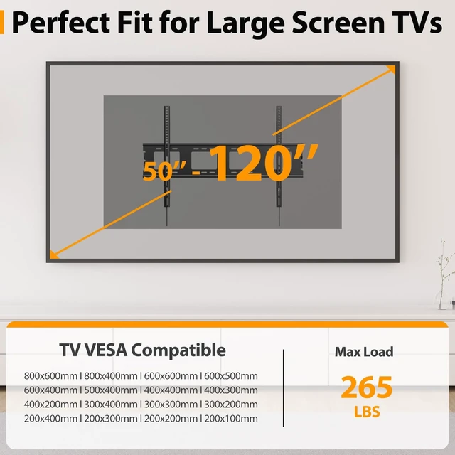 Alt view image 2 of 7 - TV Wall Mount for 50-120 inch Quick Release Lock Low Profile Bracket Large Fixed TV Bracket,Max VESA 900X600mm Up to 275lbs,Ultra Slim Fit 55 65 75 77 83 85 98 100"Heavy Duty Television Mount