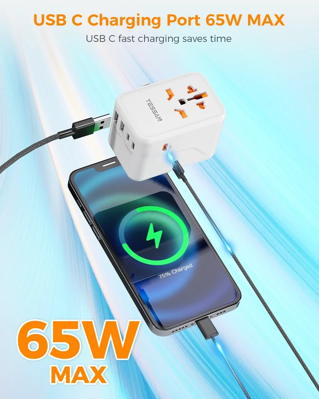 Alt view image 4 of 6 - Universal Travel Adapter, GaN 65W 3 USB C Ports, 2 USB A Ports, Type C/G/A/I, European USA UK Australia Ireland
