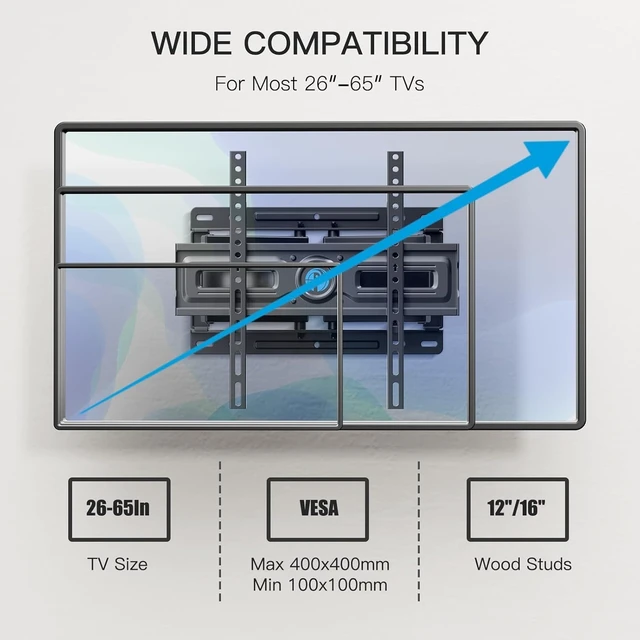 Alt view image 2 of 7 - Full Motion TV Wall Mount Height Adjustable for 2665 inch TVs TV Mount with Dual Arms, Swivel, Tilt, Max VESA 400x400mm, 3 Bracket Heights, TV Bracket Fits 12/16 Wood Studs, PIMF4