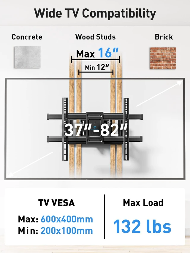 Alt view image 2 of 6 - Full Motion TV Wall Mount for 3782 inch TVs up to 132 lbs TV Mount with Dual Articulating Arms with Tilt and Extension, Fits 12" 16" Studs, Max VESA 600x400mm, PSLFK1