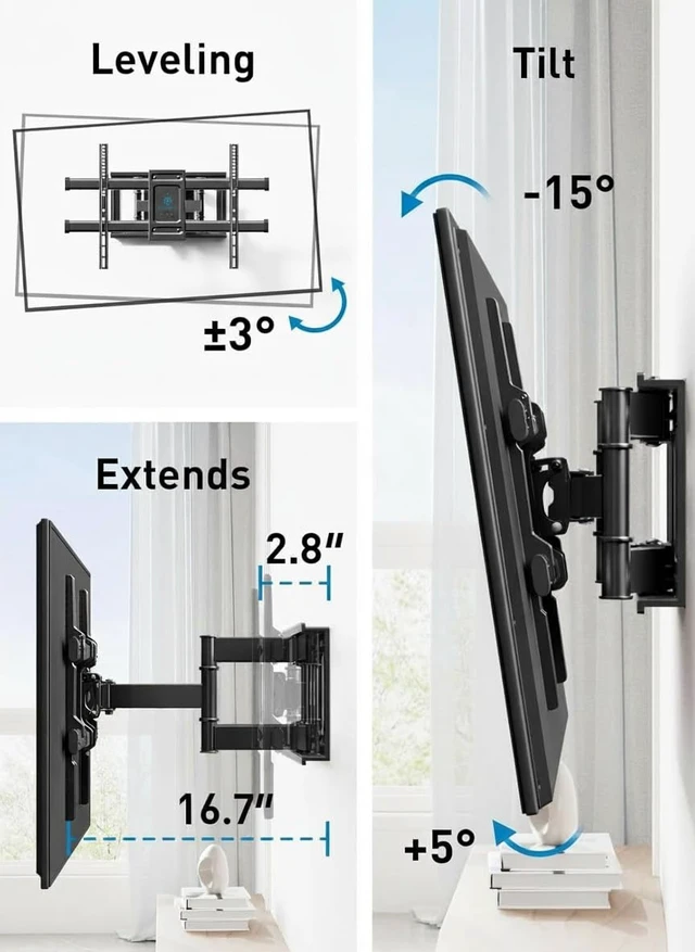Alt view image 4 of 6 - Full Motion TV Wall Mount for 3782 inch TVs up to 132 lbs TV Mount with Dual Articulating Arms with Tilt and Extension, Fits 12" 16" Studs, Max VESA 600x400mm, PSLFK1