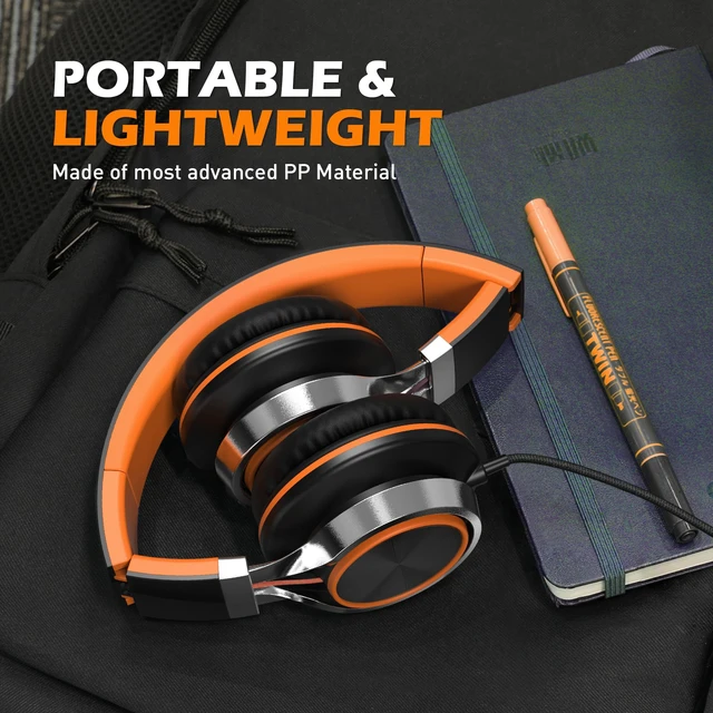 Alt view image 5 of 6 - C8 Kids Wired Headphones with Mic for School, 3.5mm, Black Orange On Ear Headsets and Volume Control Foldable, Corded Computer Chromebook for Boys Girls Teen Classroom Online Learning Travel