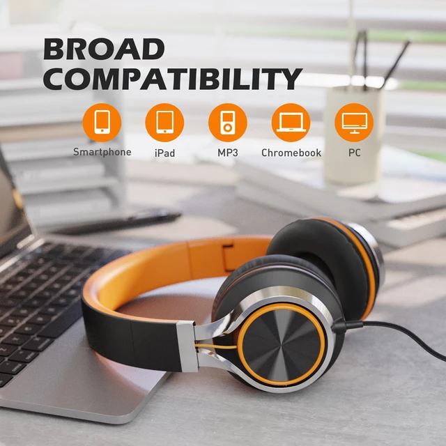 Alt view image 6 of 6 - C8 Kids Wired Headphones with Mic for School, 3.5mm, Black Orange On Ear Headsets and Volume Control Foldable, Corded Computer Chromebook for Boys Girls Teen Classroom Online Learning Travel