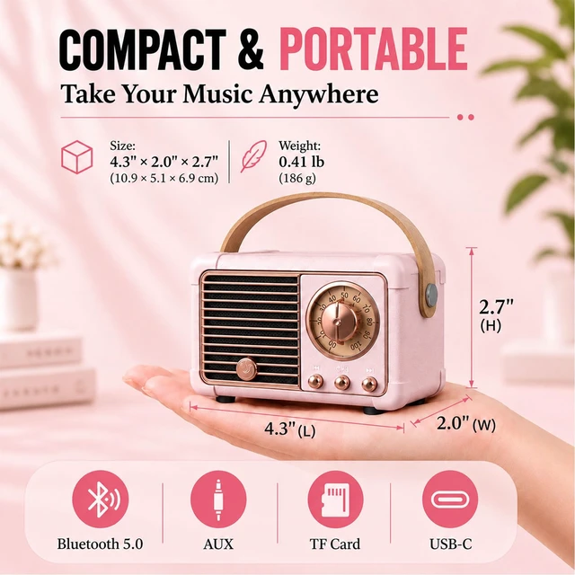 Alt view image 2 of 7 - Retro Bluetooth Speaker, Vintage Mini Decor Gift for Women Girl Pink Small Cute Portable Wireless Speaker for Room Bedroom Desk Kitchen Office Decor Birthday Gifts for Women Teen Girls