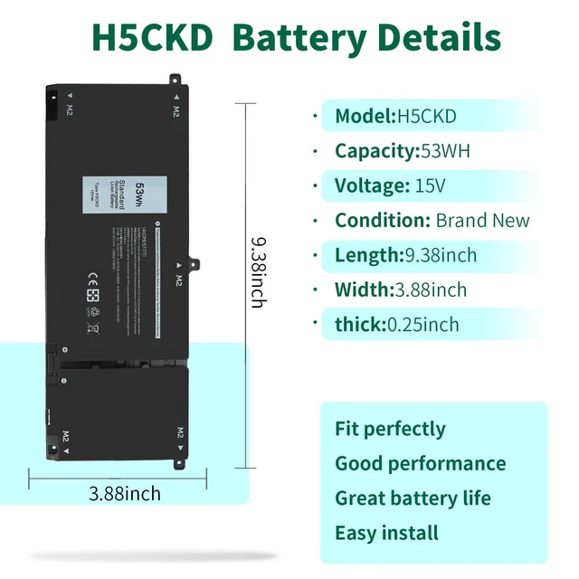 Alt view image 2 of 7 - 53Wh H5CKD 15V Battery Replacement for Dell Inspiron 5400 5406 7405 7306 7300 7500 7506 2-in-1 Silver 5300 5301 5401 5402 5408 5409 5501 5502 5508 5509 Series Latitude 3410 3510 Vostro 5300 5301