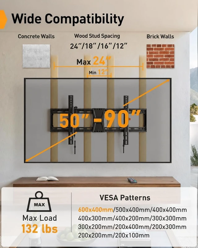 Alt view image 2 of 7 - Tilting TV Wall Mount for 50-90 TVs with Leveling Adjustment 2.43 inch low profile for space saving and a clean look, security locks for secure TV mount, VESA 800x400mm, up to 132lb