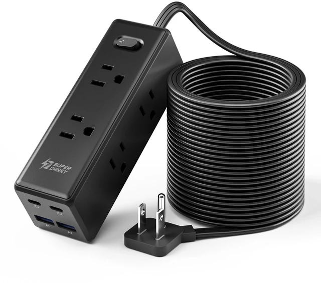 Main image of 20Ft Extension Cord with Multiple Outlets, Flat Plug Power Strip Long Extension Cord with 6 Outlets, 4 USB Ports(2 USB C), Surge Protector for Home, Office Supplies, Dorm Essentials, Black