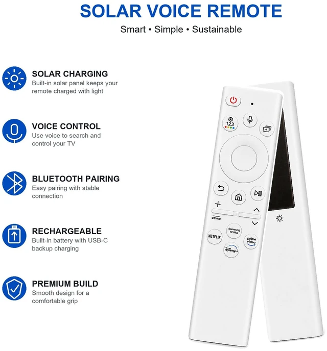 Alt view image 3 of 7 - for Samsung Frame TV Remote, Compatible with Samsung Smart TV 2018-2026,Solar Chargeble Voice Remote Control, USB-C Fast Charging, Bluetooth Pairing