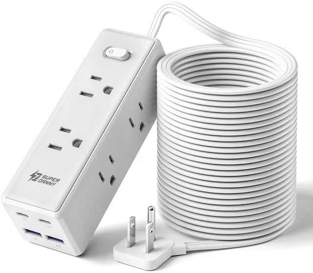 Main image of 25Ft Extension Cord with Multiple Outlets, Flat Plug Power Strip Long Extension Cord with 6 Outlets, 4 USB Ports(2 USB C), Surge Protector for Home, Office Supplies, Dorm Essentials, White