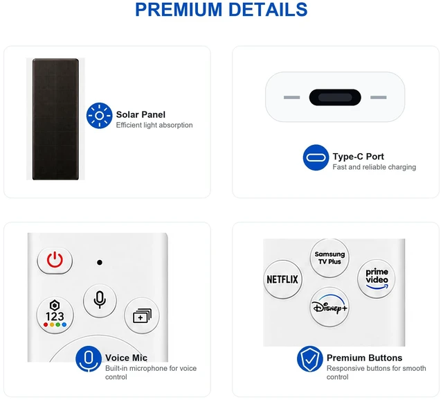 Alt view image 6 of 7 - for Samsung Frame TV Remote, Compatible with Samsung Smart TV 2018-2026,Solar Chargeble Voice Remote Control, USB-C Fast Charging, Bluetooth Pairing