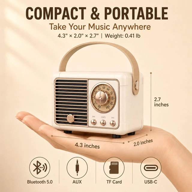 Alt view image 3 of 7 - Retro Bluetooth Speaker, Small Vintage Decor, Yellow Portable mini wireless old Fashion style for kitchen desk bedroom office outdoor accessories gifts for women teen girls