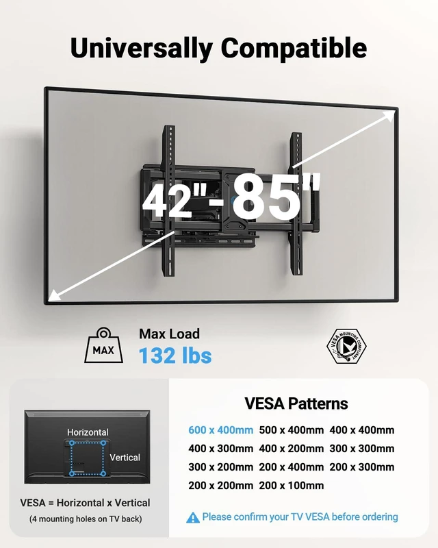 Alt view image 2 of 7 - 65 75 Inch Full Motion TV Wall Mount for LED TVs up to 132lbs, Fits 42-85 Inch Swivel TV Mount Bracket with Articulating Arms, Max VESA 600x400mm, Fits 12 16" Wood Studs
