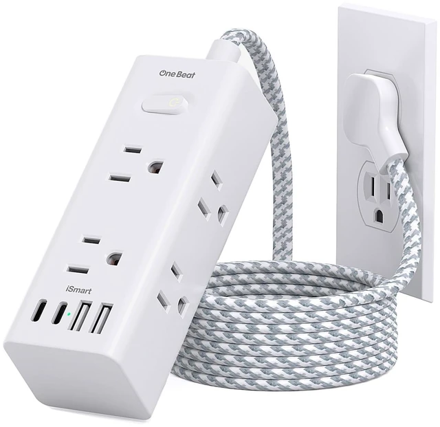 Main image of Surge Protector Power Strip, 5Ft Flat Plug Extension Cord, White 6 Outlets 4 USB Ports (2 USB C), Wall Mount Small Power Strip for Travel Home Office College Dorm Essentials Charging Station