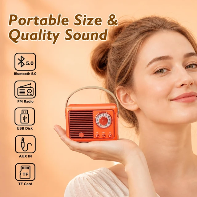 Alt view image 2 of 7 - Retro Bluetooth Speaker, Small Vintage Decor Gifts Pumpkin Orange Portable mini wireless old fashion style for kitchen desk bedroom office outdoor accessories gifts for women teen girls