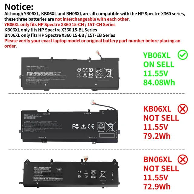 Alt view image 4 of 7 - 84.08Wh YB06XL 928372-855 928427-272 Battery for HP Spectre X360 Convertible 15-CH011DX 15-CH0XX 15T-CH000 15-CH011NR 15-CH 15T-CH Series 928372-856 928427-271 YB06084XL 11.55V