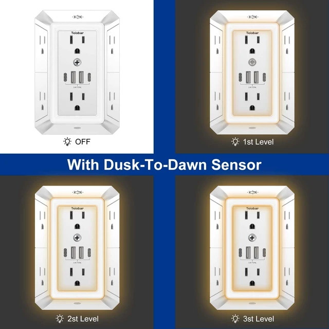 Alt view image 4 of 7 - Multi Plug Wall Outlet Surge Protector with 6-Outlet & 4 USB Ports(2USB-C) 3-Sided Outlet Extender with Night Light, Outlet Splitter for Home Office Dorm Room Essentials, ETL Listed, White