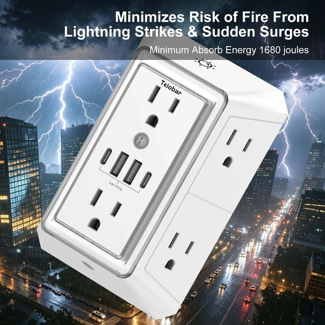 Alt view image 5 of 7 - Multi Plug Wall Outlet Surge Protector with 6-Outlet & 4 USB Ports(2USB-C) 3-Sided Outlet Extender with Night Light, Outlet Splitter for Home Office Dorm Room Essentials, ETL Listed, White