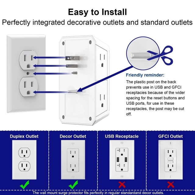 Alt view image 6 of 7 - Multi Plug Wall Outlet Surge Protector with 6-Outlet & 4 USB Ports(2USB-C) 3-Sided Outlet Extender with Night Light, Outlet Splitter for Home Office Dorm Room Essentials, ETL Listed, White