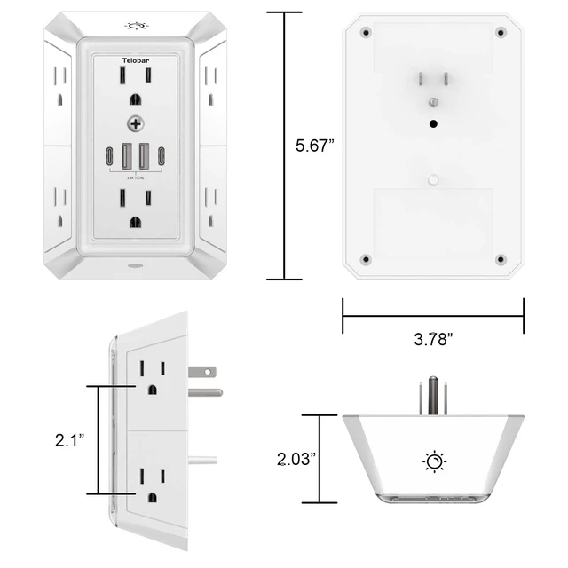 Alt view image 7 of 7 - Multi Plug Wall Outlet Surge Protector with 6-Outlet & 4 USB Ports(2USB-C) 3-Sided Outlet Extender with Night Light, Outlet Splitter for Home Office Dorm Room Essentials, ETL Listed, White
