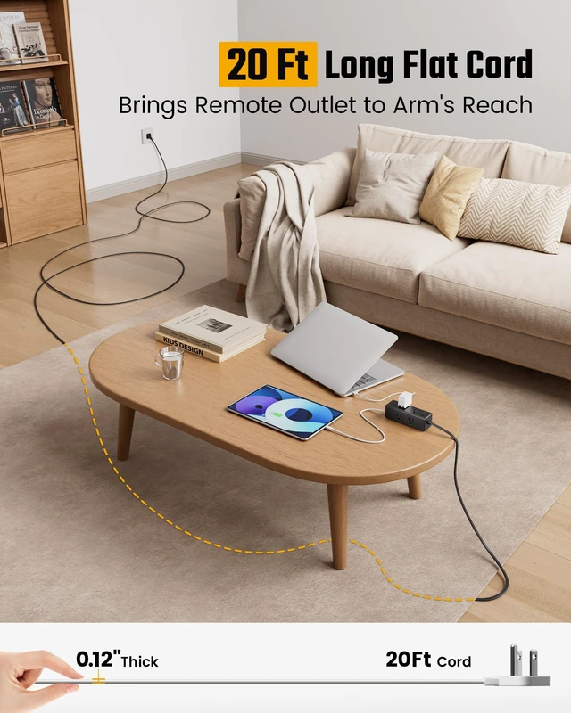 Alt view image 3 of 7 - 20Ft Extension Cord with Multiple Outlets, Flat Plug Power Strip Long Extension Cord with 6 Outlets, 4 USB Ports(2 USB C), Surge Protector for Home, Office Supplies, Dorm Essentials, Black
