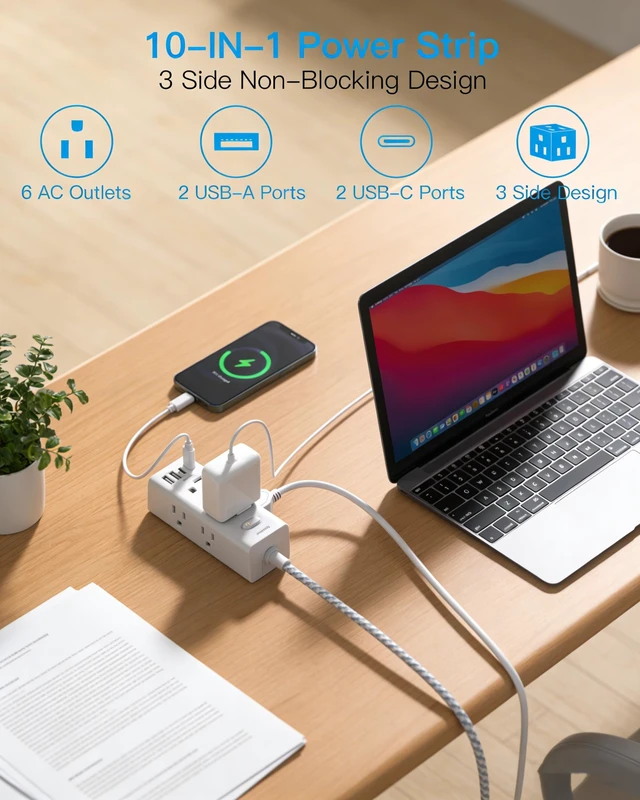 Alt view image 2 of 7 - Surge Protector Power Strip, 5Ft Flat Plug Extension Cord, White 6 Outlets 4 USB Ports (2 USB C), Wall Mount Small Power Strip for Travel Home Office College Dorm Essentials Charging Station