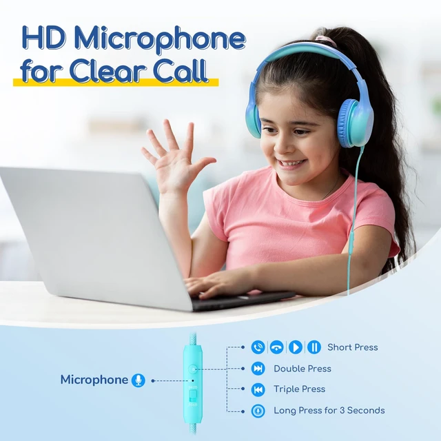 Alt view image 7 of 7 - K1 Kids Headphones Wired with Mic, USB Type C Headphones for Kids 85/94dB Volume Limit, Portable Wired Headphone with Shareport, Stereo Sound Foldable Headset for School/Toddler/Tablet, Cyan
