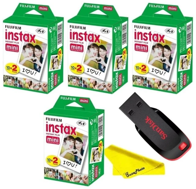 Main image of Instax Mini Instant Camera Film with Sandisk 32 GB USB Flash Drive + 4 x Mini Twin Packs (80 Sheets) and Buzz-Photo Microfiber Cleaning Cloth