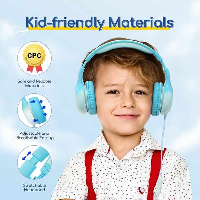 Alt view image 4 of 7 - K1 Kids Headphones Wired with Mic, Volume Limit Headphones for Kids Portable Wired Headphone with Shareport, Stereo Sound, Foldable Headset for School/Toddler/Tablet/iPad/Kindle, Sky Blue