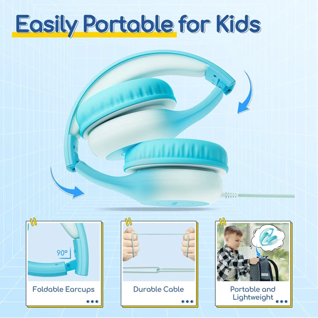 Alt view image 7 of 7 - K1 Kids Headphones Wired with Mic, Volume Limit Headphones for Kids Portable Wired Headphone with Shareport, Stereo Sound, Foldable Headset for School/Toddler/Tablet/iPad/Kindle, Sky Blue