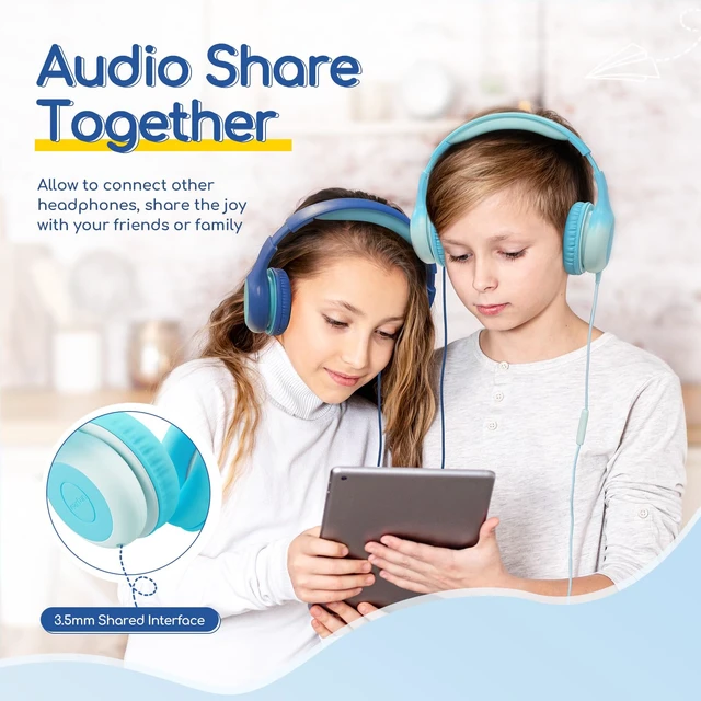 Alt view image 3 of 7 - K1 Kids Headphones Wired with Mic, Volume Limit Headphones for Kids Portable Wired Headphone with Shareport, Stereo Sound, Foldable Headset for School/Toddler/Tablet/iPad/Kindle, Sky Blue