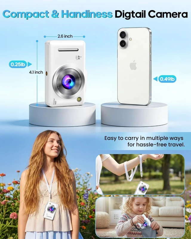 Alt view image 2 of 7 - Digital Camera 4K Autofocus Vlogging Camera for Photography with 16X Zoom Anti Shake, 32GB Card, 48MP Compact Portable Point and Shoot Camera Gift for Kids Boys Girls BeginnerWhite