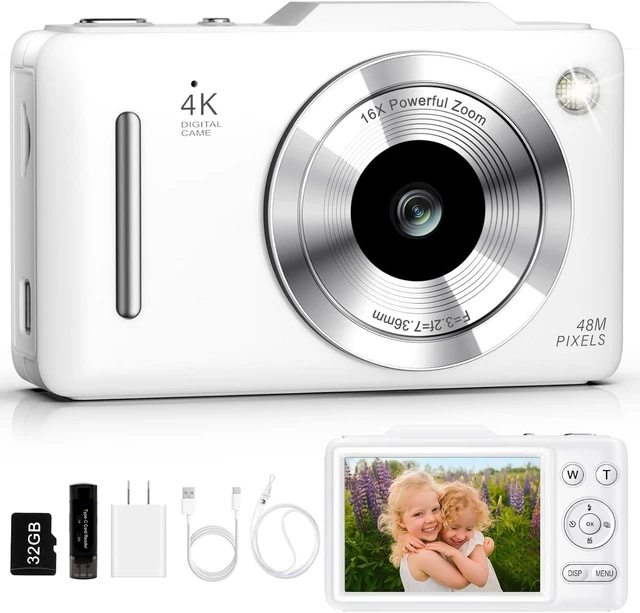 Main image of Digital Camera 4K Autofocus Vlogging Camera for Photography with 16X Zoom Anti Shake, 32GB Card, 48MP Compact Portable Point and Shoot Camera Gift for Kids Boys Girls BeginnerWhite