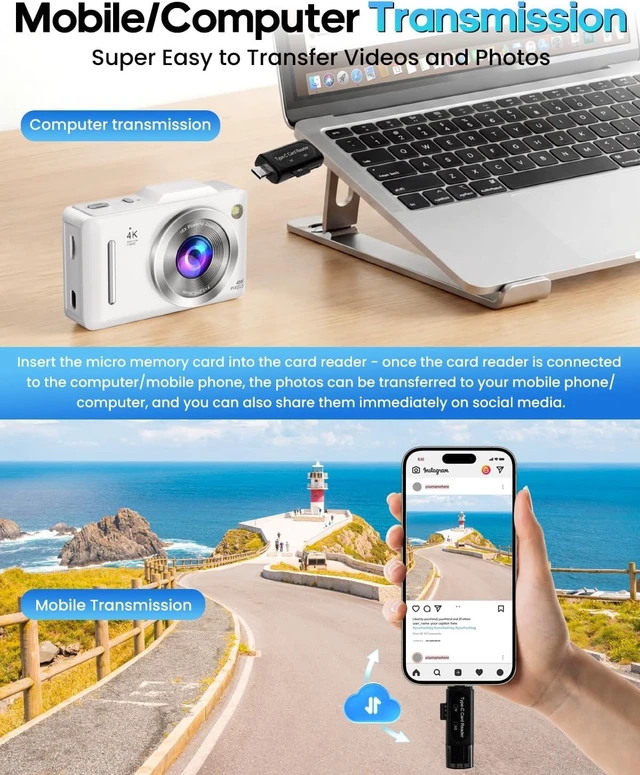 Alt view image 3 of 7 - Digital Camera 4K Autofocus Vlogging Camera for Photography with 16X Zoom Anti Shake, 32GB Card, 48MP Compact Portable Point and Shoot Camera Gift for Kids Boys Girls BeginnerWhite