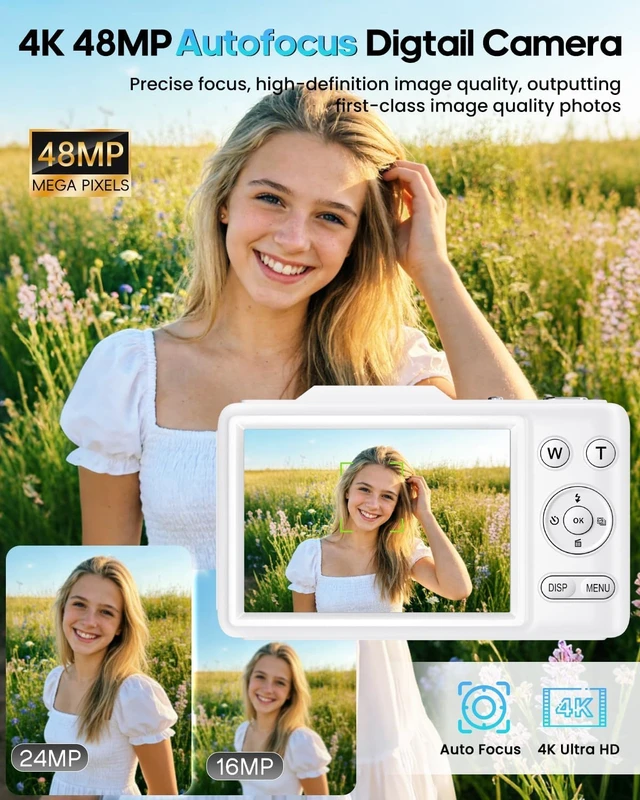 Alt view image 5 of 7 - Digital Camera 4K Autofocus Vlogging Camera for Photography with 16X Zoom Anti Shake, 32GB Card, 48MP Compact Portable Point and Shoot Camera Gift for Kids Boys Girls BeginnerWhite
