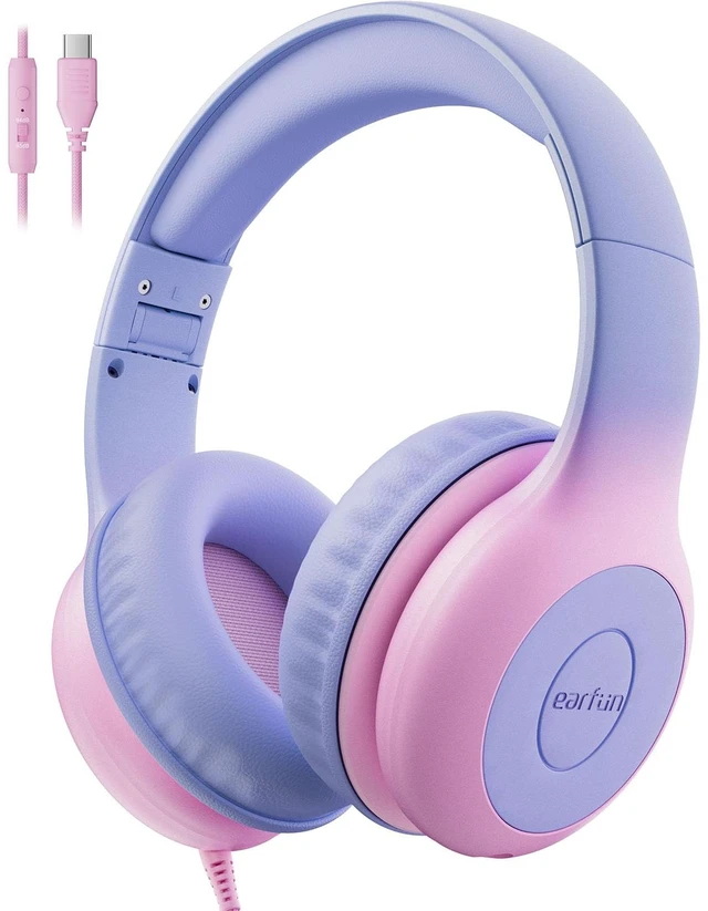 Main image of K1 Kids Headphones Wired with Mic, USB Type C Headphone for Kids 85/94dB Volume Limit, Portable Wired Headphone with Shareport, Stereo Sound Foldable Headset for School/Toddler/Tablet Violet
