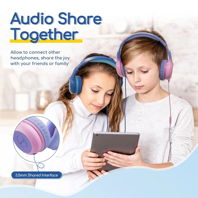 Alt view image 4 of 7 - K1 Kids Headphones Wired with Mic, USB Type C Headphone for Kids 85/94dB Volume Limit, Portable Wired Headphone with Shareport, Stereo Sound Foldable Headset for School/Toddler/Tablet Violet