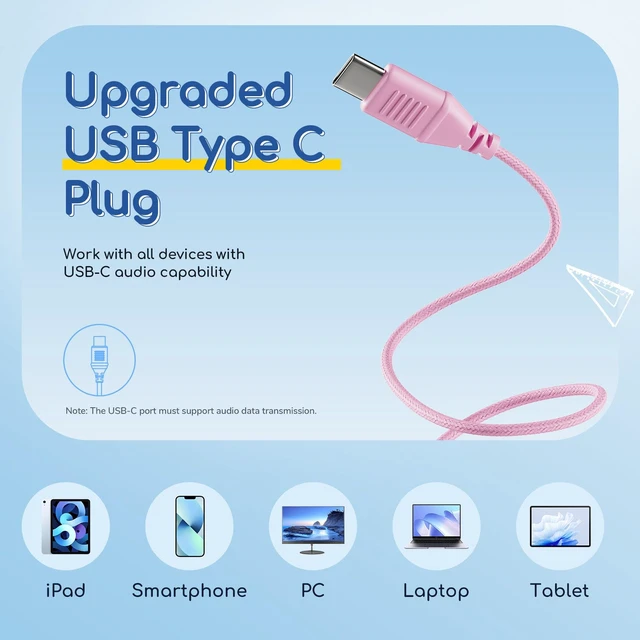 Alt view image 2 of 7 - K1 Kids Headphones Wired with Mic, USB Type C Headphone for Kids 85/94dB Volume Limit, Portable Wired Headphone with Shareport, Stereo Sound Foldable Headset for School/Toddler/Tablet Violet