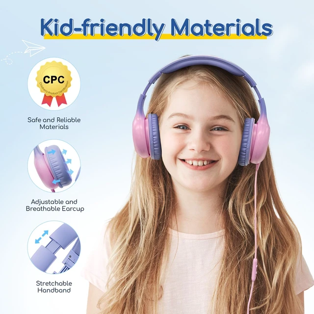 Alt view image 3 of 7 - K1 Kids Headphones Wired with Mic, USB Type C Headphone for Kids 85/94dB Volume Limit, Portable Wired Headphone with Shareport, Stereo Sound Foldable Headset for School/Toddler/Tablet Violet