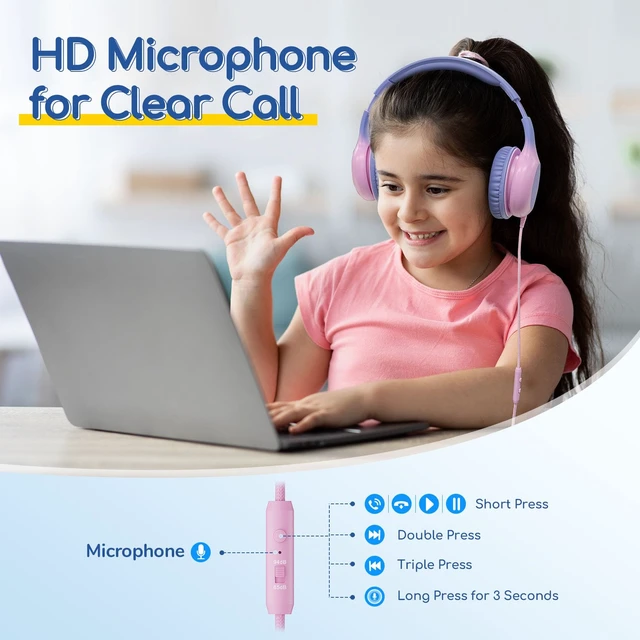 Alt view image 6 of 7 - K1 Kids Headphones Wired with Mic, USB Type C Headphone for Kids 85/94dB Volume Limit, Portable Wired Headphone with Shareport, Stereo Sound Foldable Headset for School/Toddler/Tablet Violet