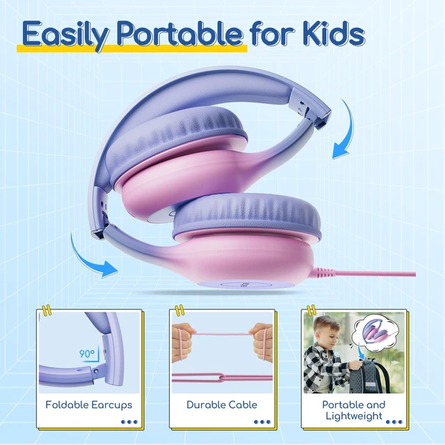 Alt view image 7 of 7 - K1 Kids Headphones Wired with Mic, USB Type C Headphone for Kids 85/94dB Volume Limit, Portable Wired Headphone with Shareport, Stereo Sound Foldable Headset for School/Toddler/Tablet Violet