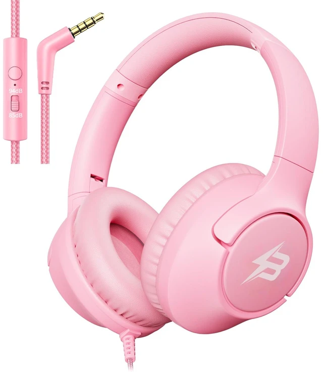 Main image of Wired Headphones for Kids for School, 3.5mm Cord Safe Volume Limit, Pink Over Ear Headphones with Mic, 85/94dB for Girls Toddler Student, Foldable Plug in Headphone for Kindle Tablet Airplane Travel