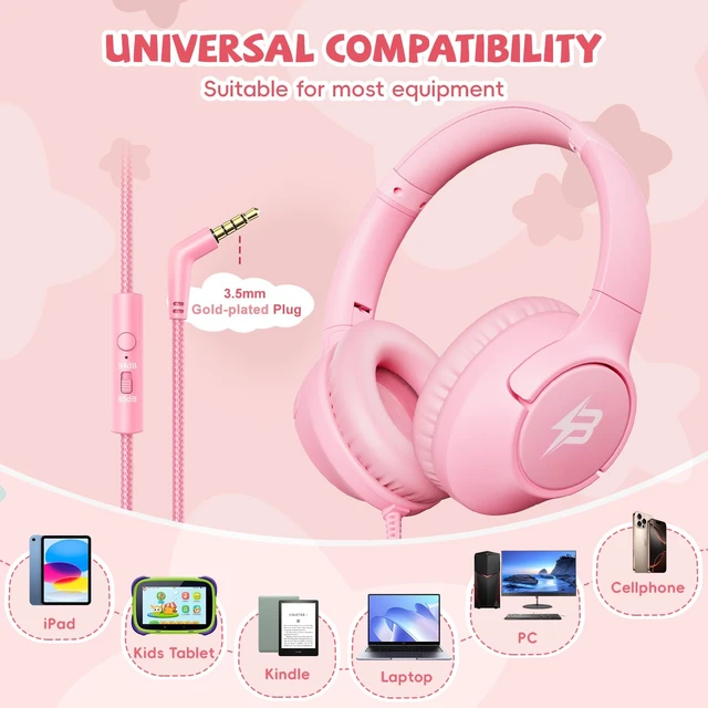 Alt view image 2 of 7 - Wired Headphones for Kids for School, 3.5mm Cord Safe Volume Limit, Pink Over Ear Headphones with Mic, 85/94dB for Girls Toddler Student, Foldable Plug in Headphone for Kindle Tablet Airplane Travel